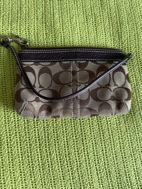 Coach Brown Logo Canvas Wristlet with Dark Trim